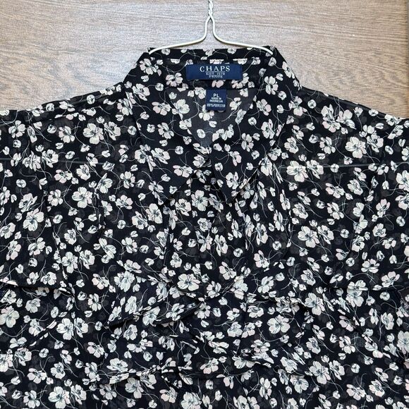 CHAPS Women’s Ruffle Blue Pink White Flower Blouse Top Flowy PETITE LARGE PL - Picture 3 of 6